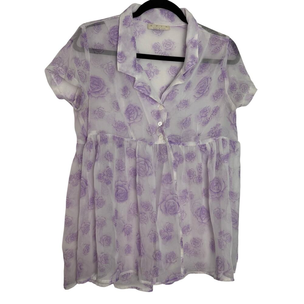 Vtg‎ Epix Purple Y2K Whimsygoth Floral Sheer Blouse With Split Front Made In USA